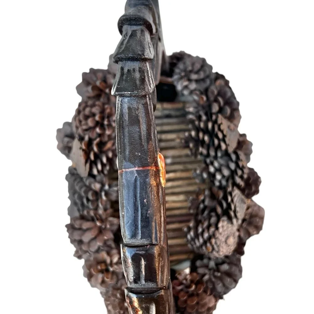 Pinecone Basket with Hand-Carved Wooden Deer Handle Dated 1994